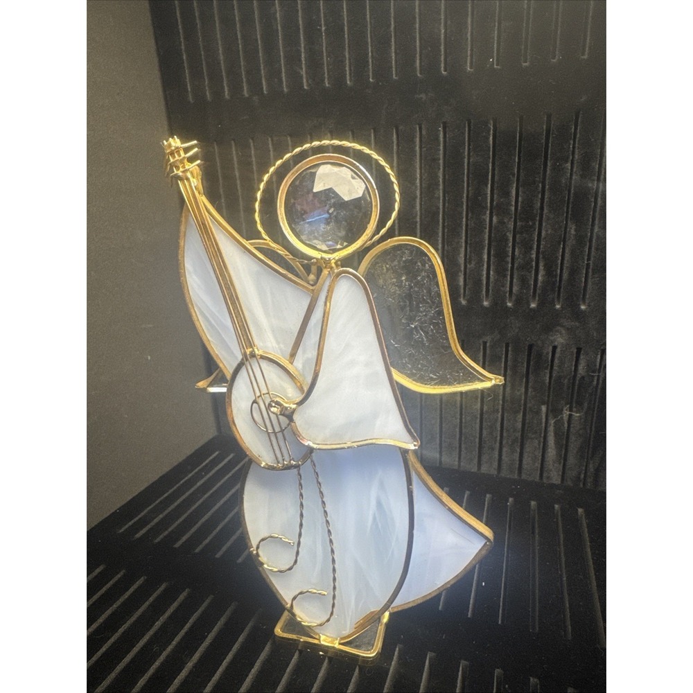 ANGEL Playing LUTE instrument, Slag Stained Glass Sun Catcher, Silver Gray 8.5"